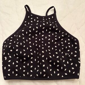 Bec + Bridge High Neck Black Crop Top with White Diamond Cutout Pattern